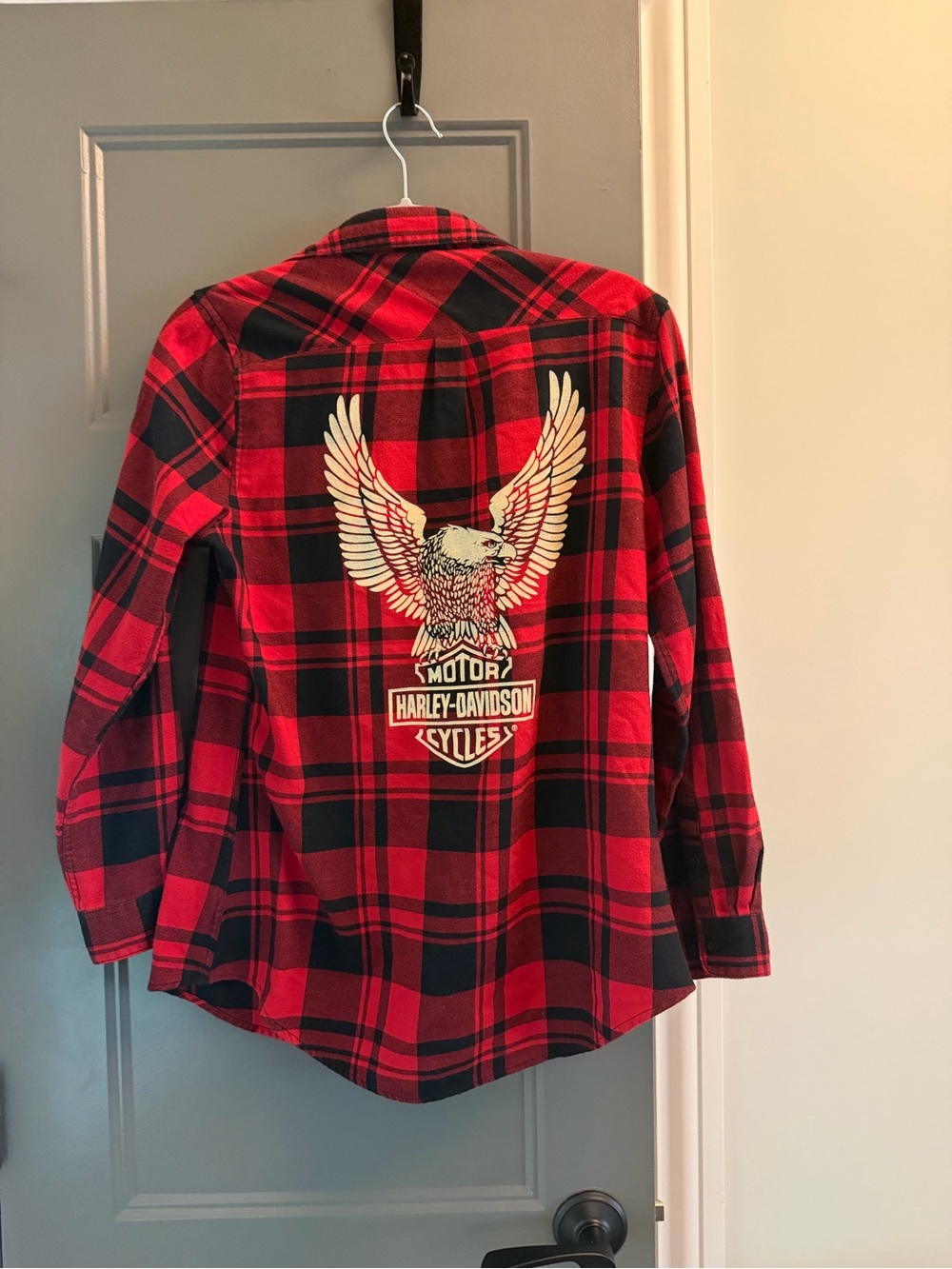 Harley-Davidson Red & Black Plaid Button-Down Shirt with Eagle Back Graphic